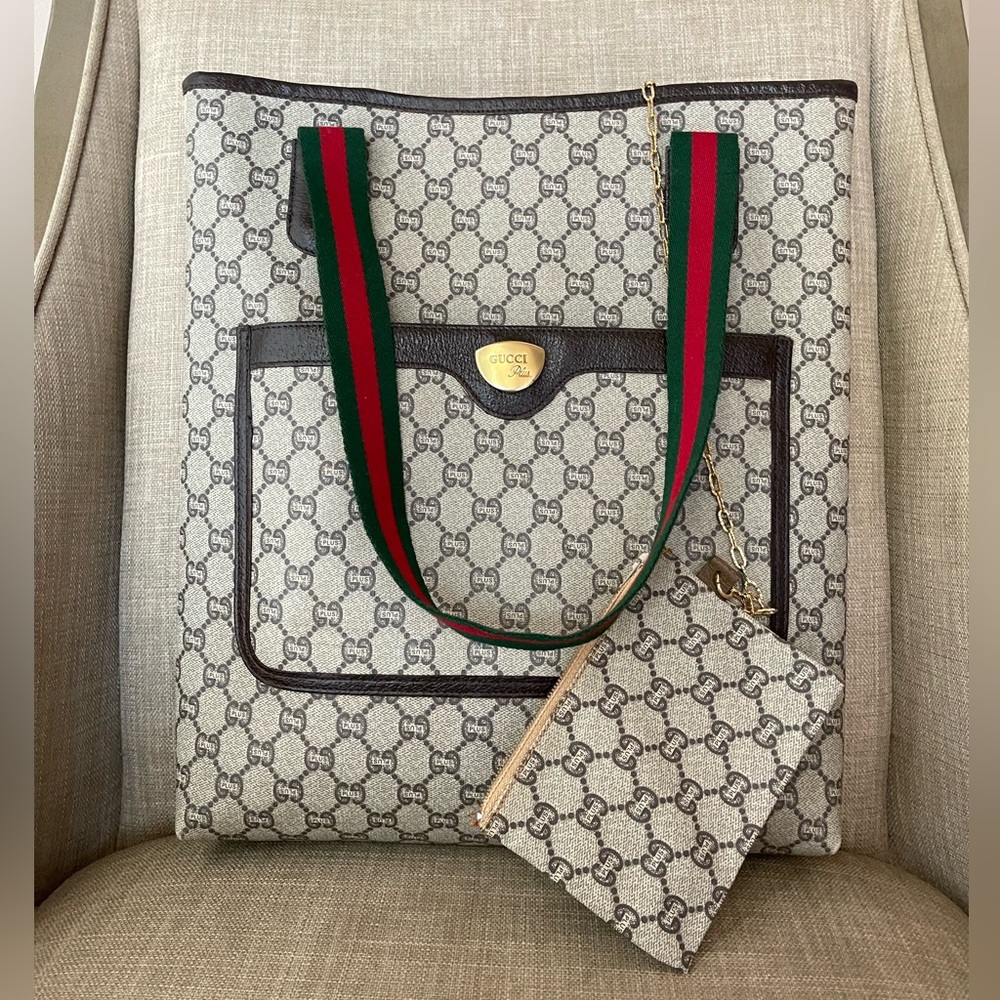 Authentic GUCCI GG plus vintage canvas tote bag (F1005)